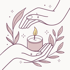 Gentle hands cupping a lit candle surrounded by delicate leaves and subtle sparkling elements