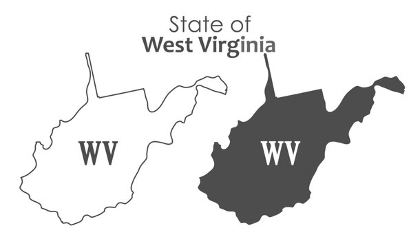 West Virginia. The outline and silhouette of the state with the abbreviated abbreviation of the name. The state border. A template for the design of printed products
