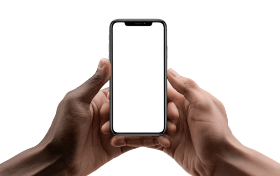 Two hands hold a dark smartphone with a blank black screen