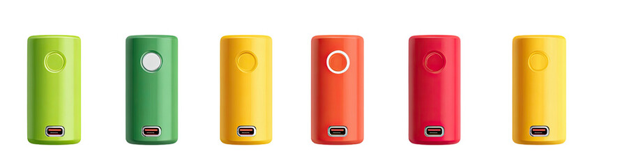 Six colorful cylindrical objects with charging ports and buttons on top
