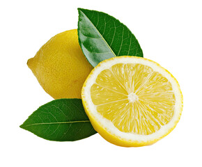 Two bright yellow lemons, one whole, one halved, with green leaves
