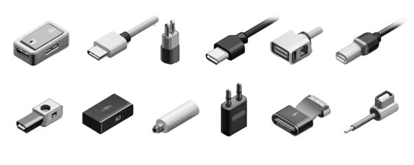 Assortment of electronic adapters, connectors, and plugs