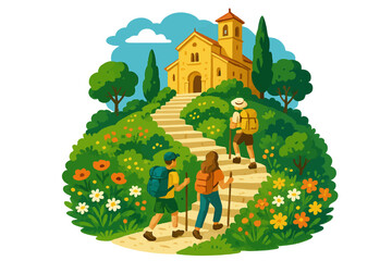 Fototapeta premium Hikers climbing steps to countryside church on a sunny day