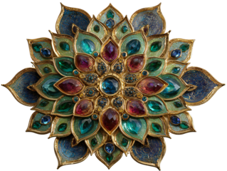 Traditional Indian gold gemstone brooch with floral mandala design isolated on transparent background