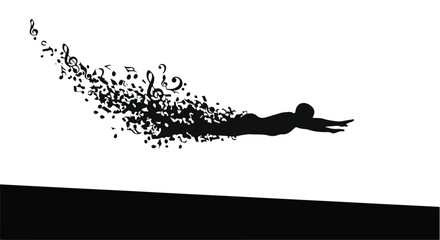 Silhouette of a swimmer transforming into musical notes, symbolizing passion and creativity