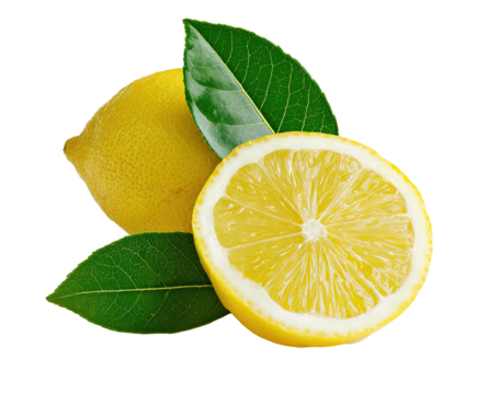 Two bright yellow lemons, one whole, one halved, with green leaves