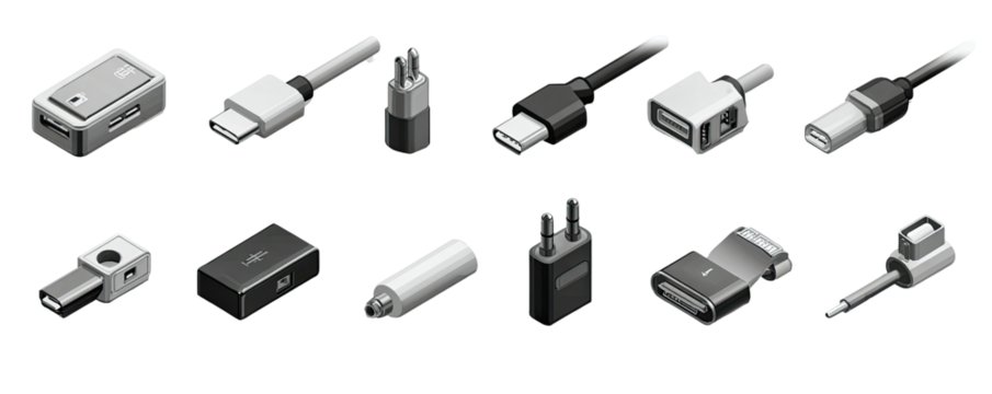 Assortment of electronic adapters, connectors, and plugs