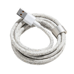 White fabric-covered charging cable with USB connector, coiled