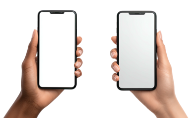 Two hands holding blank screen smartphones, isolated on black