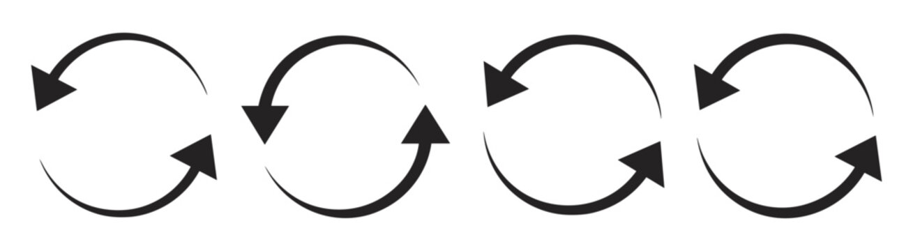 Four Circular Arrow Icons with Black Arrows on a White Background Keywords: arrows, circular arrows, refresh, repeat, reload, cycle, rotation, loop