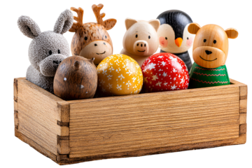 Collection of painted wooden easter eggs with animal figures in a rustic wooden crate