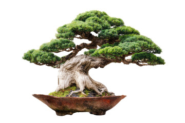 Ancient, twisted bonsai tree with lush green foliage in a weathered pot