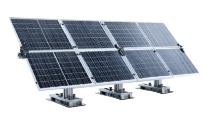 Array of photovoltaic panels on metal supports, angled