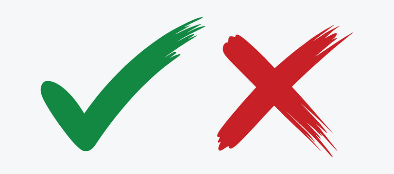 Green Check Mark and Red Cross Symbols Brush Strokes on White Background Keywords: check mark, cross, x, correct, incorrect, yes, no, right, wrong