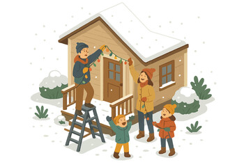 Family decorating small house with lights in winter snow scene