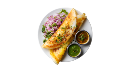 A delicious Indian dosa served on a white plate with fresh red onion salad and two flavorful dipping sauces sambar and green chutney