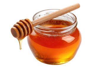 Golden honey drips from a wooden dipper into a glass jar