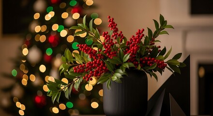 Fototapeta premium Festive Christmas arrangement with red berries and a decorated tree in the background.