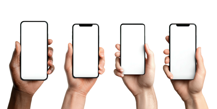 Four hands hold up smartphones with blank screens