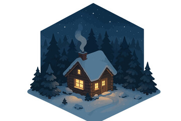 Naklejka premium Cozy snowy cabin in winter forest at night with glowing windows and starlit sky