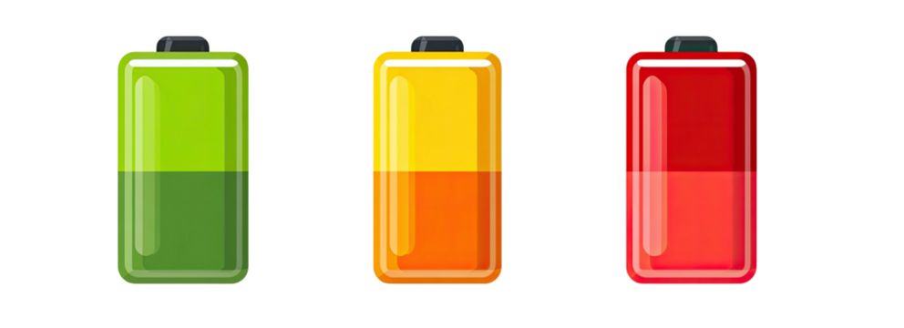 Three battery icons showing different charge levels