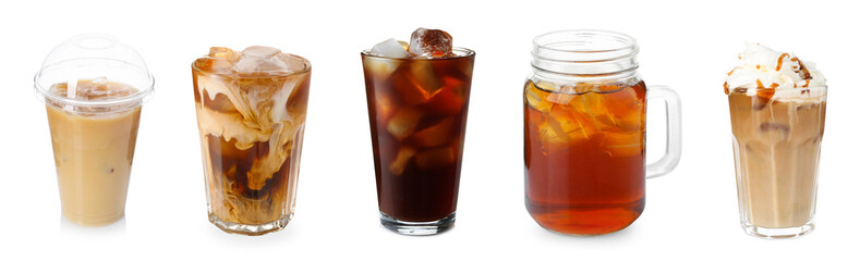 Iced coffee. Different drinks on white background, set