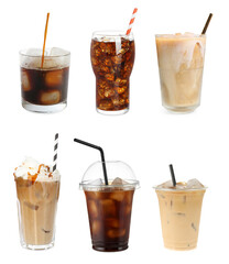 Iced coffee. Different drinks on white background, set