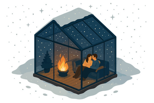 Cozy winter retreat: couple relaxing in glass cabin with fireplace surrounded by snowfall