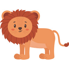 Cute Cartoon Lion Standing with Brown Mane and Tail on Transparent Background
