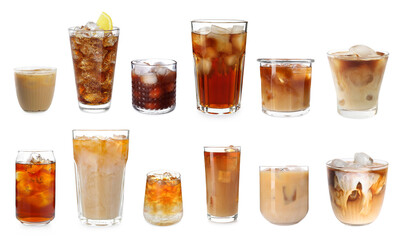 Iced coffee. Different drinks on white background, set