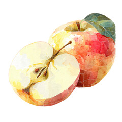Watercolor painting of a halved and whole apple with a leaf