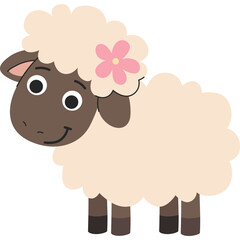 Cute cartoon sheep with fluffy wool wearing a pink flower on its head on a transparent background