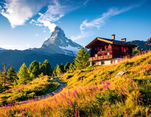Sunny mountain scene with a chalet, flowers, and snow-capped peak