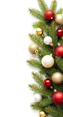 Christmas tree branch with red, gold, and white ornaments on white background.