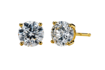 Classic diamond stud earrings with gold setting isolated on transparent background
