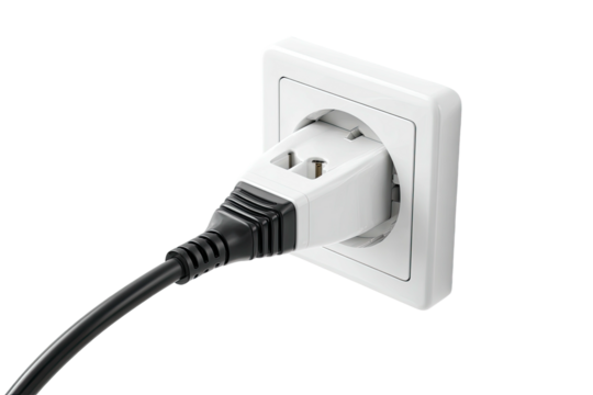 A white electrical adapter is plugged into a wall socket