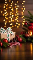 A beautifully wrapped Christmas gift sits beside candy canes and pinecones, illuminated by warm fairy lights.