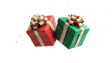 Gift-Giving: Two beautifully wrapped presents, one red and one green, are adorned with elegant ribbons. conveying the spirit of giving and joyous celebration.