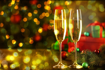 Sparkling wine in glasses and festive decor, bokeh lights. New Year greeting card