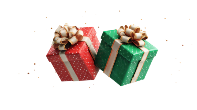 Gift-Giving: Two beautifully wrapped presents, one red and one green, are adorned with elegant ribbons. conveying the spirit of giving and joyous celebration.