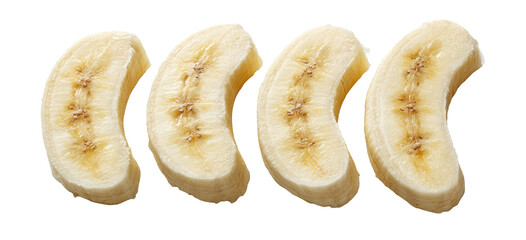 Four banana slices arranged in a row on a black background