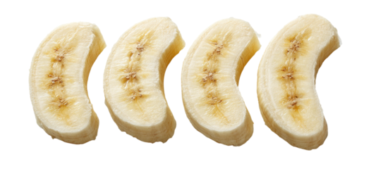 Four banana slices arranged in a row on a black background