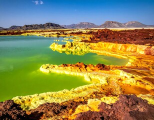 Vivid alkaline lake with colorful mineral deposits under a bright, clear sky