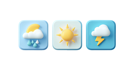 Three weather icons rain, sun, and lightning storm