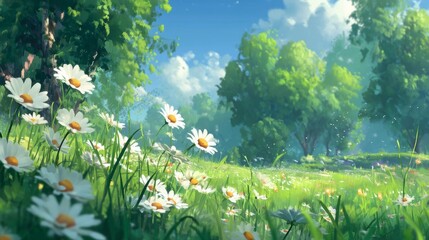 Obraz premium Daisies blossom in a tranquil meadow under a clear blue sky