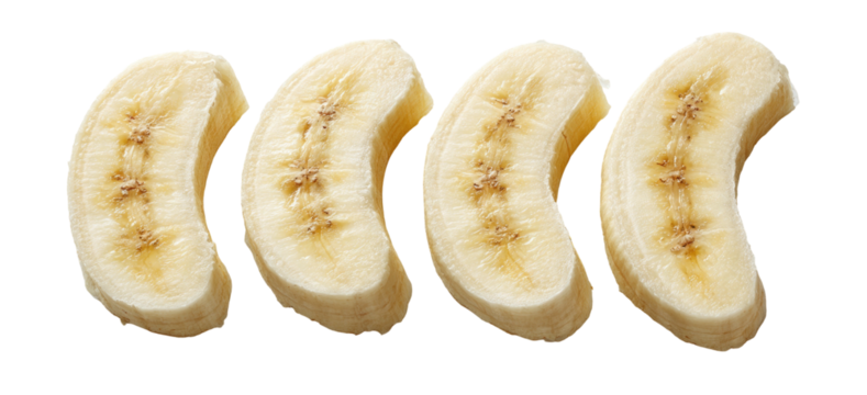 Four banana slices arranged in a row on a black background