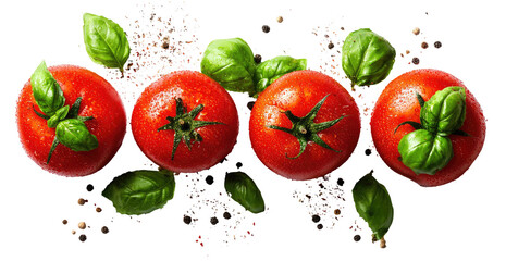 Fresh red tomatoes and green basil leaves