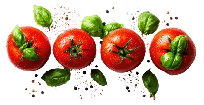 Fresh red tomatoes and green basil leaves