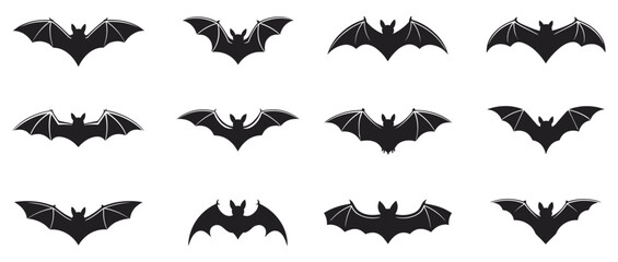 Naklejka premium Twelve Black Silhouette Bat Icons With Wings Spread In Various Poses flying