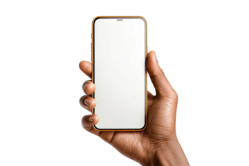 Hand holding modern smartphone with blank white screen on black background